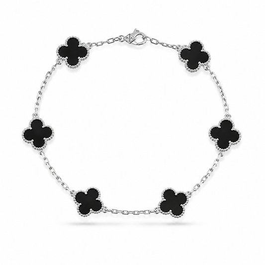 Bracelet pour Homme Élégant – Chaîne Argentée avec 6 Charms Trèfles Noirs