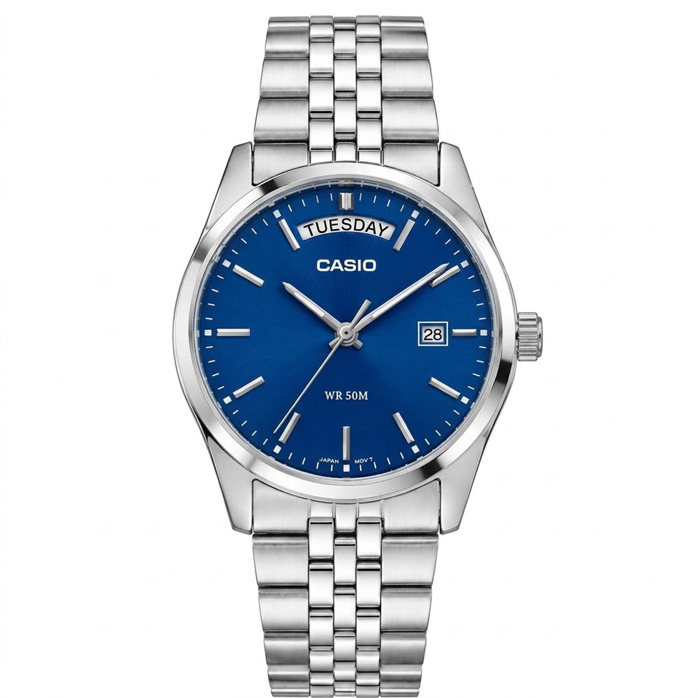 casio day date mtp b146 argent bleu