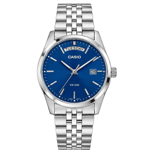 casio day date mtp b146 argent bleu