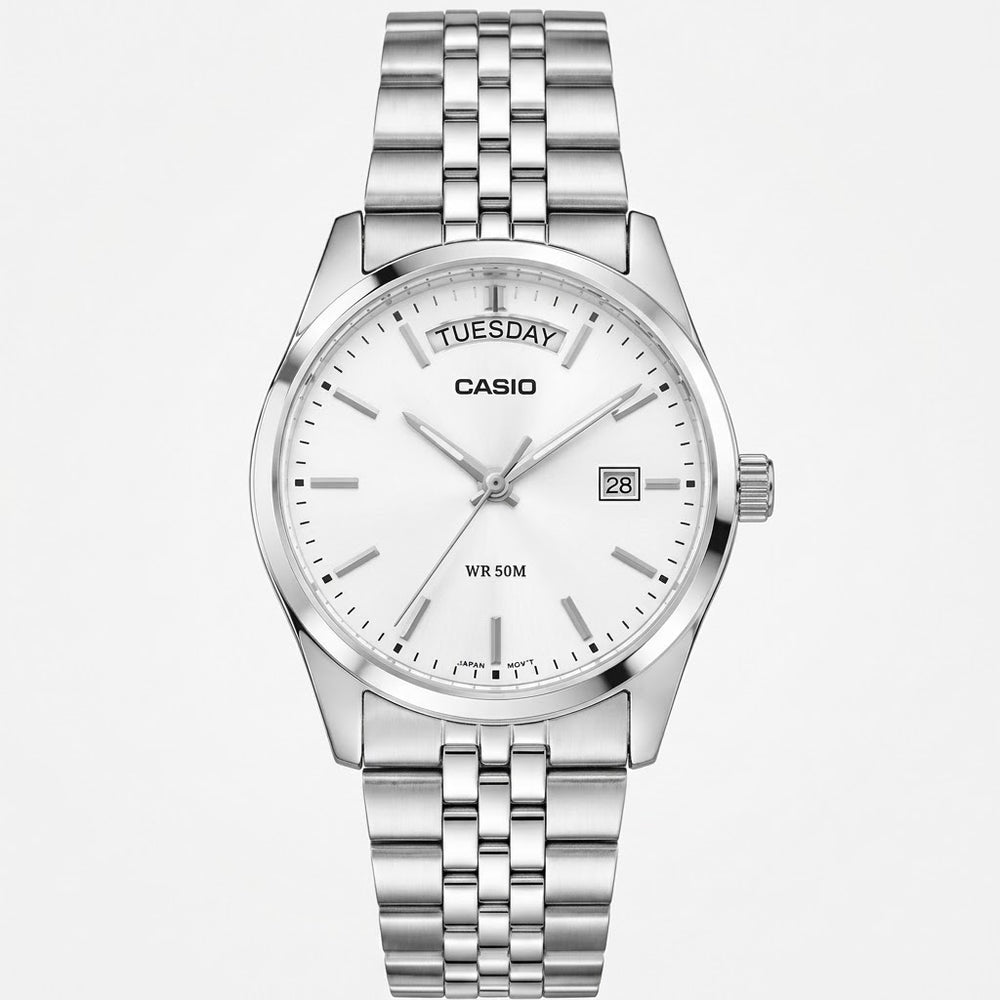 casio day date mtp b146 full silver