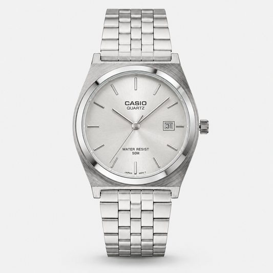 Casio Quartz Stainless Steel Watch – Silver White Dial, Water Resist 50M