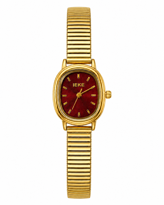 Montre IEKE dorée à cadran rouge bordeaux – Élégance, brillance et détails raffinés