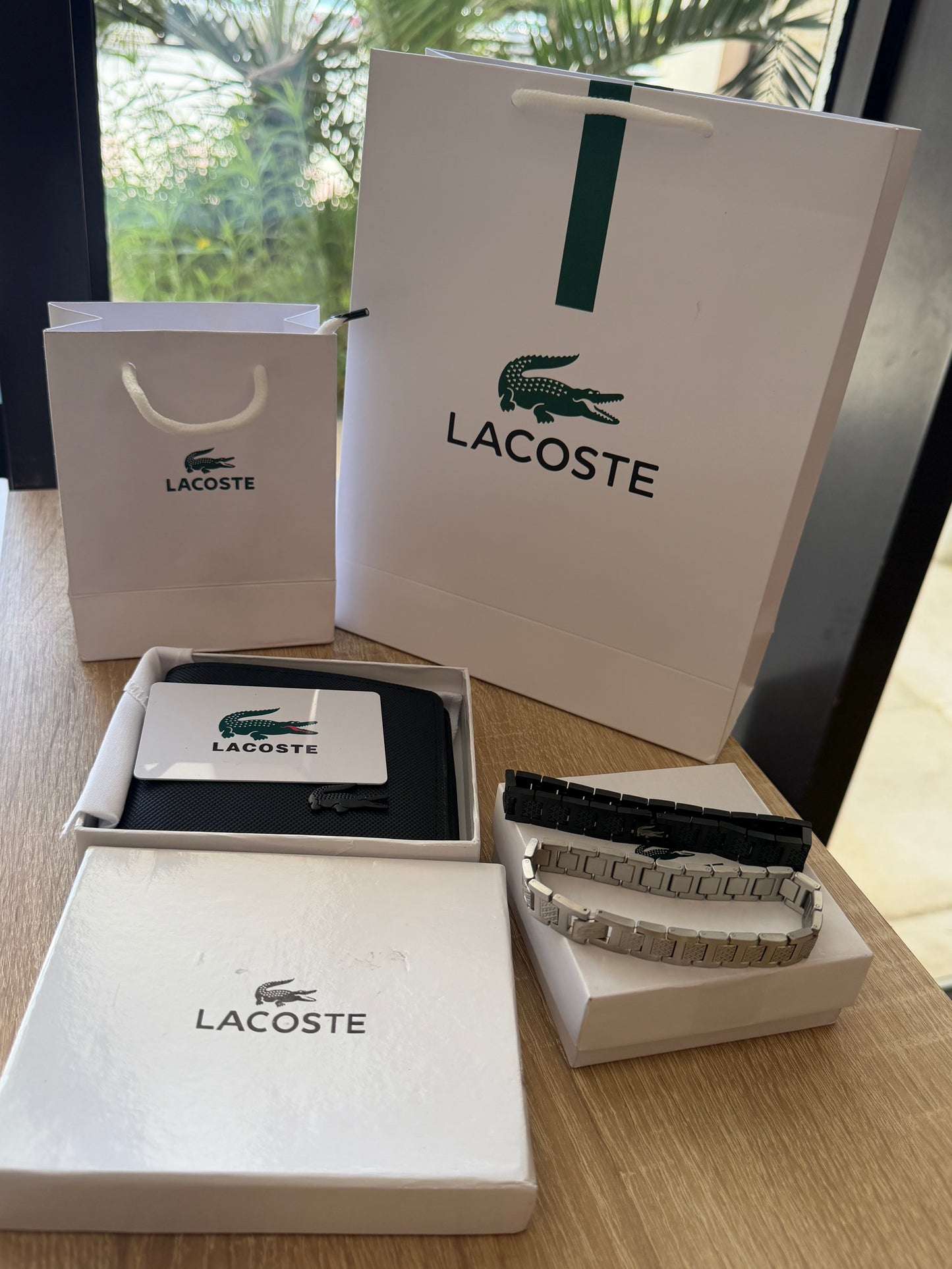 Lacoste Men’s Premium Leather Wallet & Silver Bracelet Set