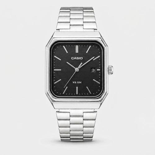 Casio Silver Stainless Steel Analog Watch with Black Textured Dial – WR 50M