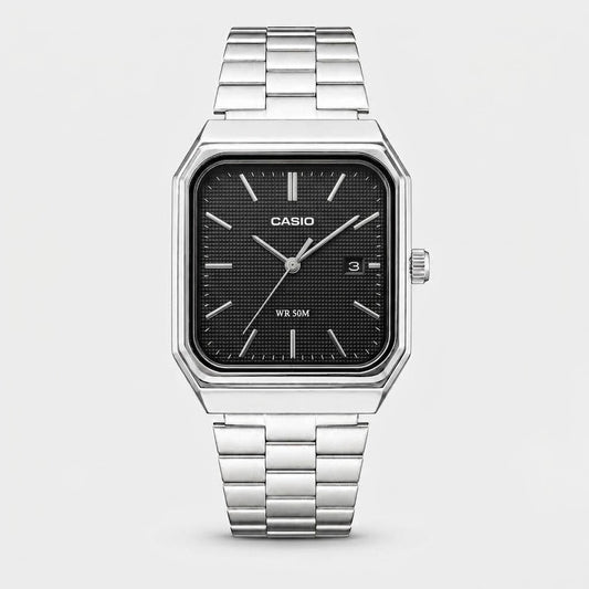 Casio Silver Stainless Steel Analog Watch with Black Textured Dial – WR 50M