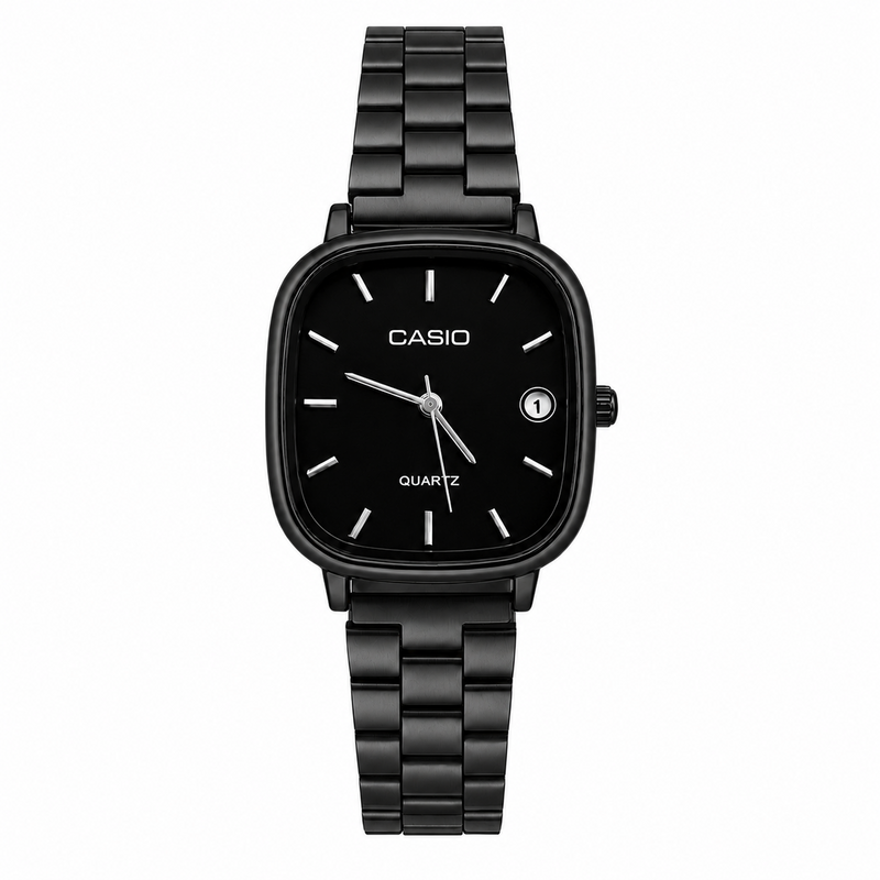 Montre Femme Casio Quartz Noire – Cadran Carré Élégant avec Bracelet Métallique Noir et Détails Argentés