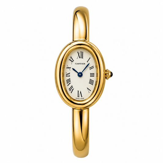 Montre Cartier dorée – Gros plan luxe avec cadran romain et bouton latéral