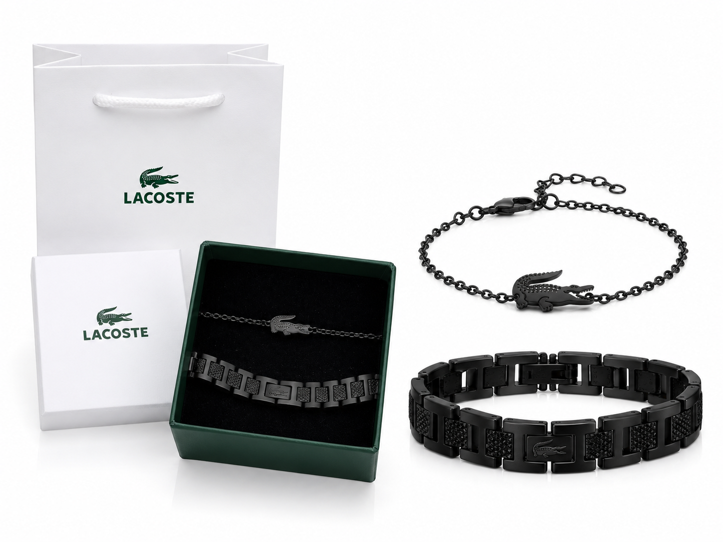 Deux bracelets acier inoxydable Lacoste en noir