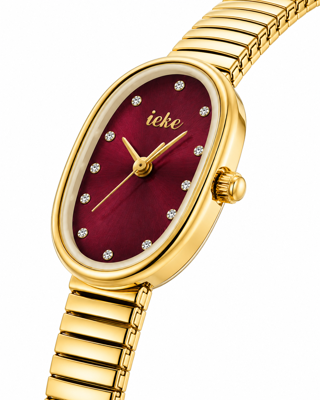 Montre femme dorée – Cadran bordeaux avec détails brillants