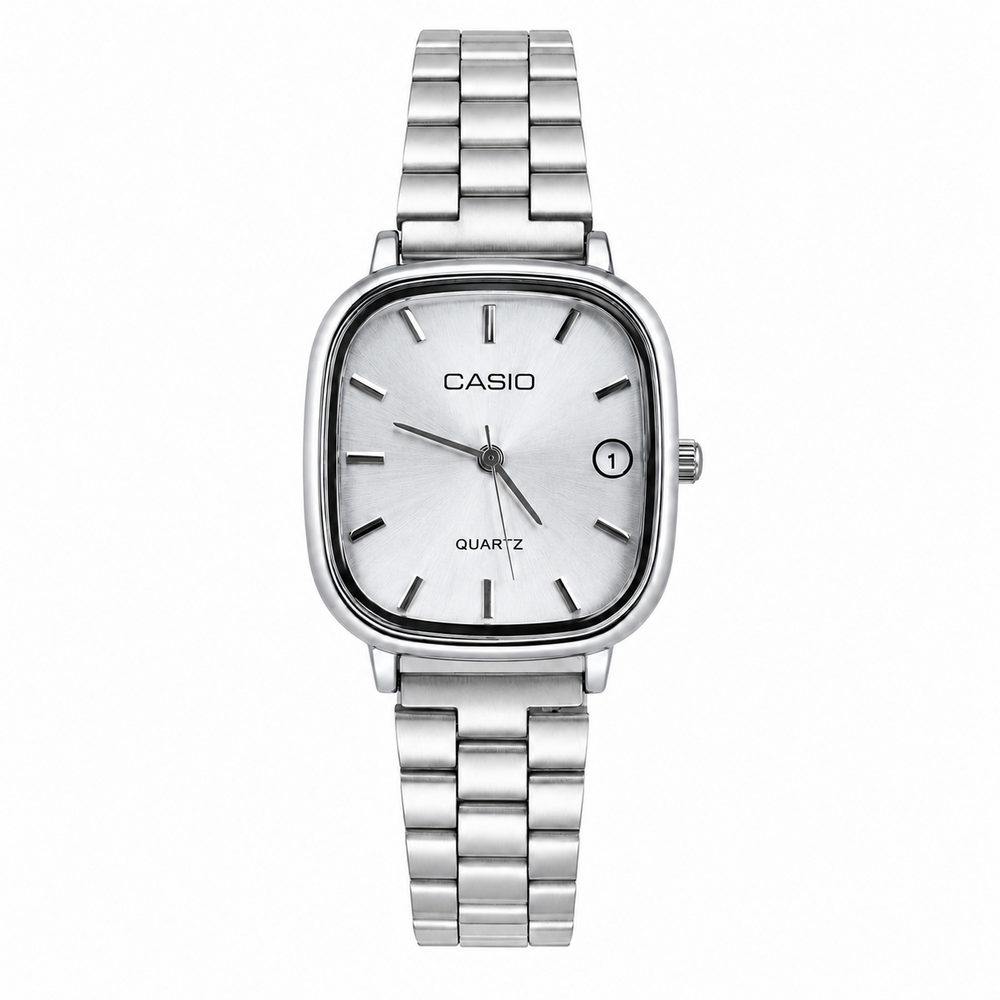 Montre Femme Casio Quartz Argentée – Cadran Carré Élégant avec Date, Bracelet Métallique Chic