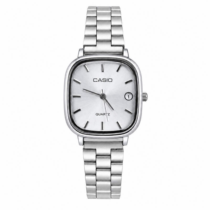 Montre Femme Casio Quartz Argentée – Cadran Carré Élégant avec Date, Bracelet Métallique Chic