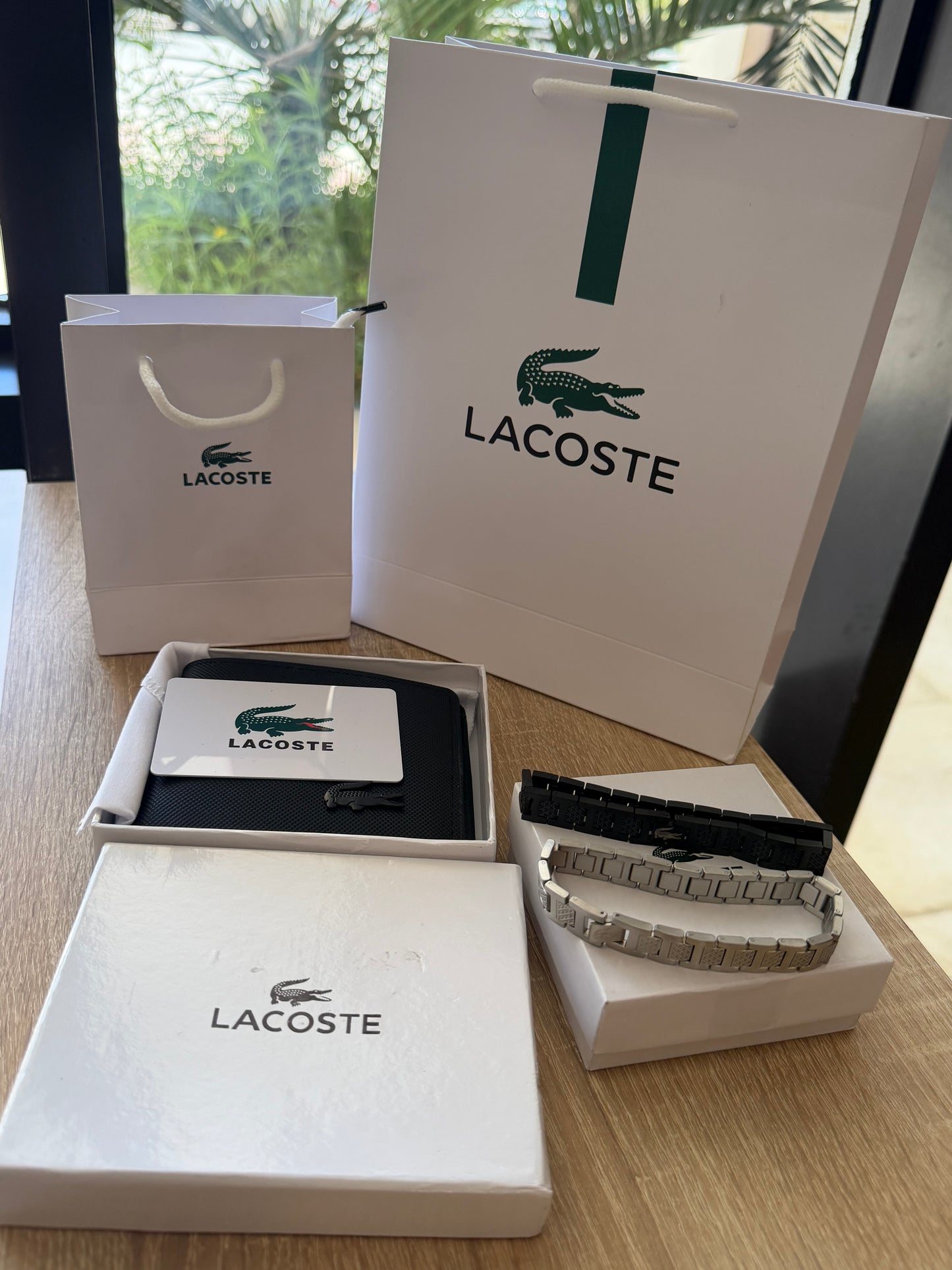 Lacoste Men’s Premium Leather Wallet & Silver Bracelet Set