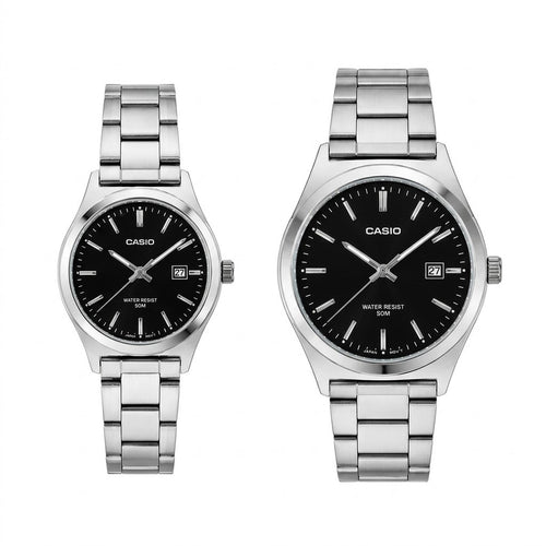 Deux Casio rond noir acier inoxydable