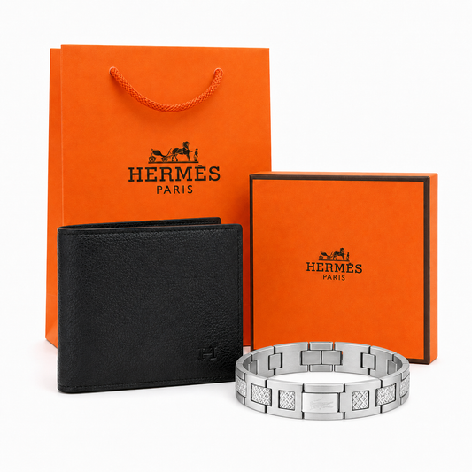 Coffret homme luxe – Portefeuille noir et bracelet argenté