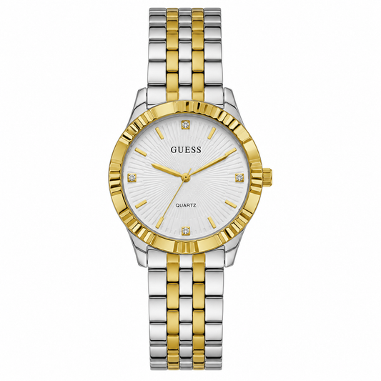 Montre Femme Guess Bicolore Argent & Doré – Cadran Blanc Élégant