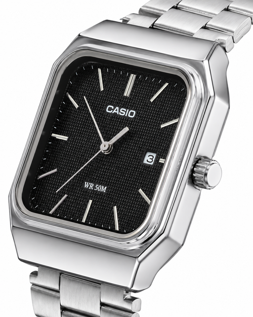 Casio Silver Stainless Steel Analog Watch with Black Textured Dial – WR 50M