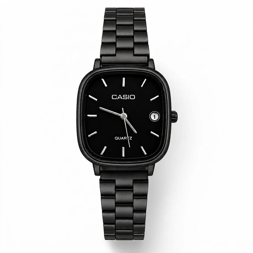 Montre Femme Casio Quartz Noire – Cadran Carré Élégant avec Bracelet Métallique Noir et Détails Argentés
