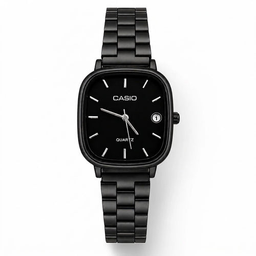 Montre Femme Casio Quartz Noire – Cadran Carré Élégant avec Bracelet Métallique Noir et Détails Argentés