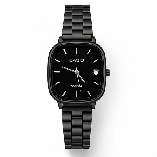 Montre Femme Casio Quartz Noire – Cadran Carré Élégant avec Bracelet Métallique Noir et Détails Argentés