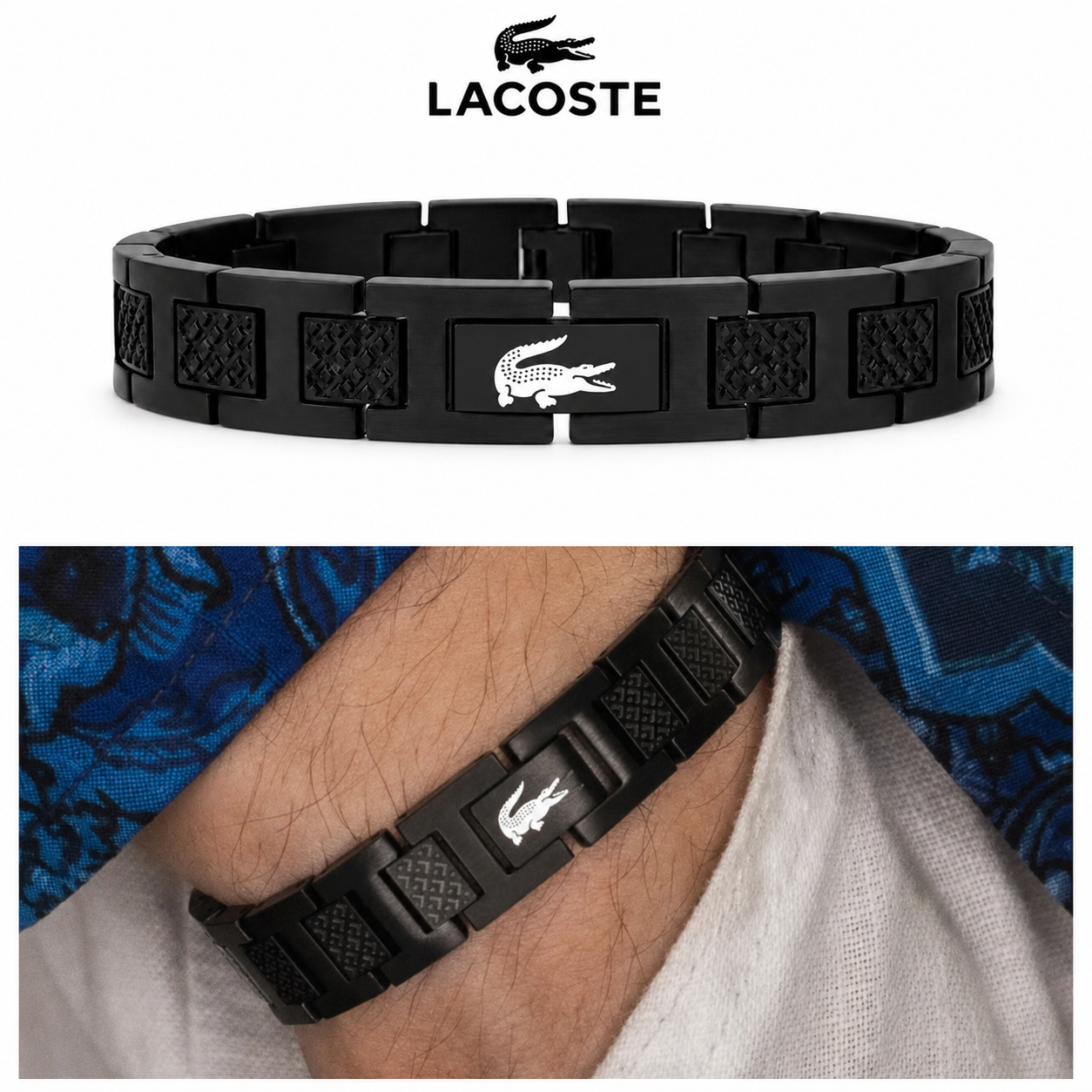Bracelet pour Homme Lacoste Noir avec Emblème Crocodile – Design en Maillons Métalliques de Luxe