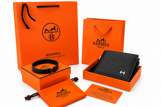 Pack Portemonnaie hermes noir similicuir et bracelet hermes acier inoxydable stanless steel matière