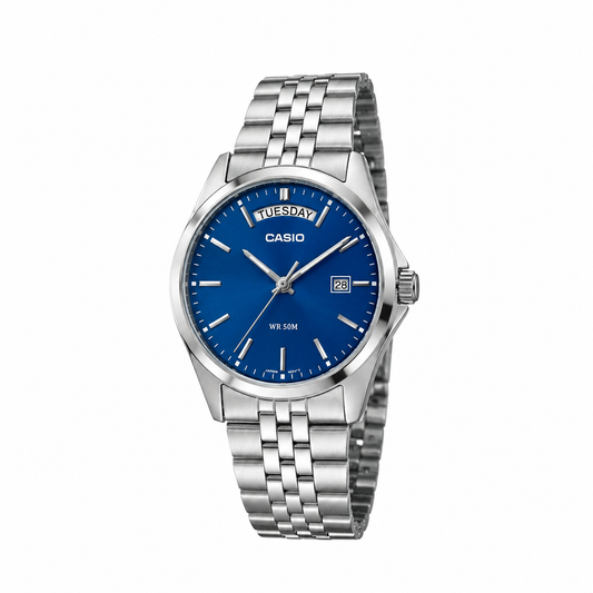 casio day date mtp b146 argent bleu