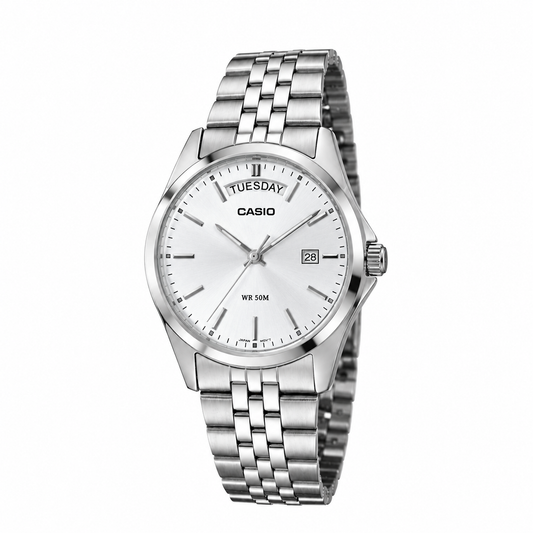 casio day date mtp b146 full silver