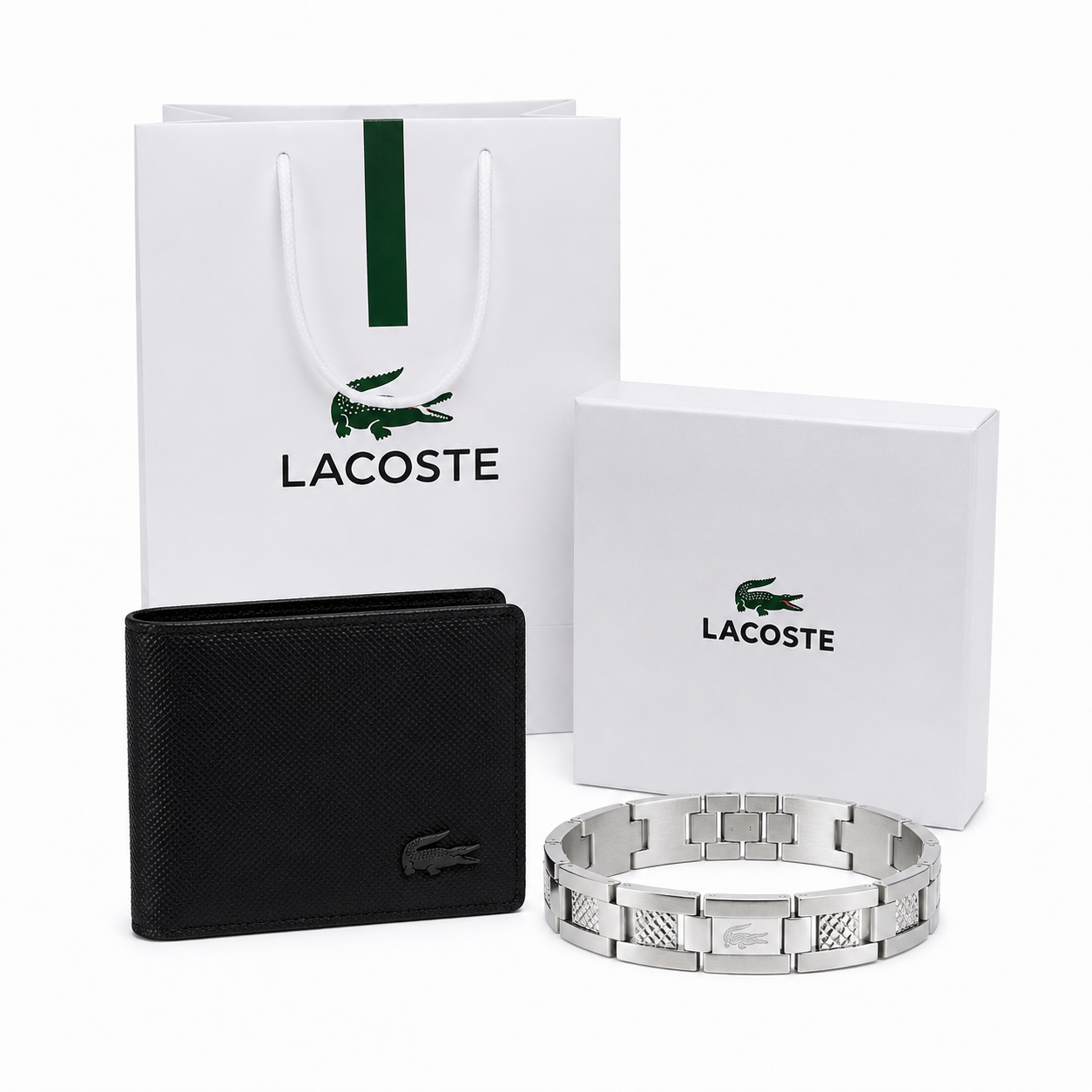 Lacoste Men’s Premium Leather Wallet & Silver Bracelet Set