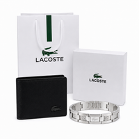 Lacoste Men’s Premium Leather Wallet & Silver Bracelet Set
