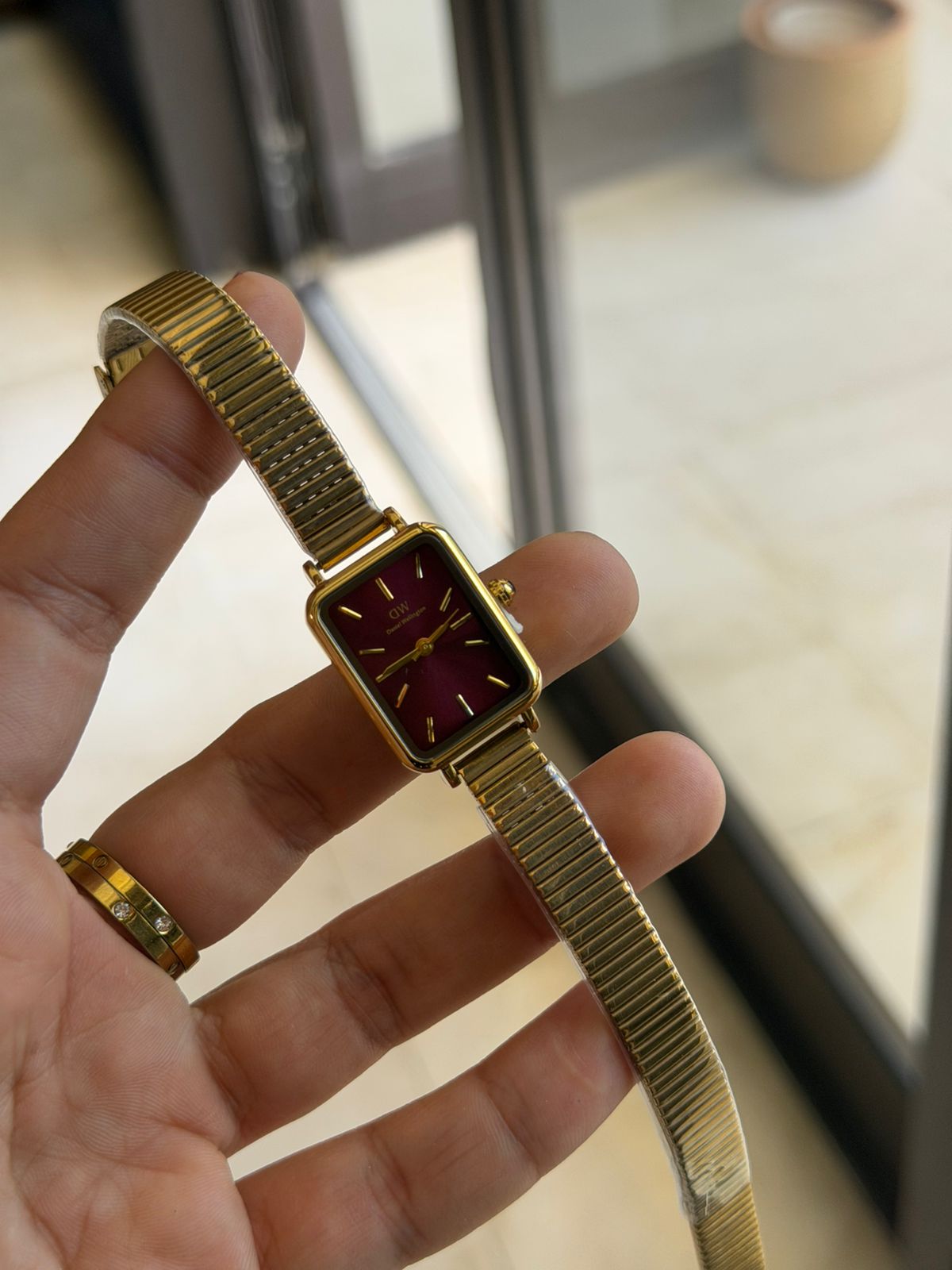 DW Classic Gold Rectangular Watch – Minimalist Burgundy Dial