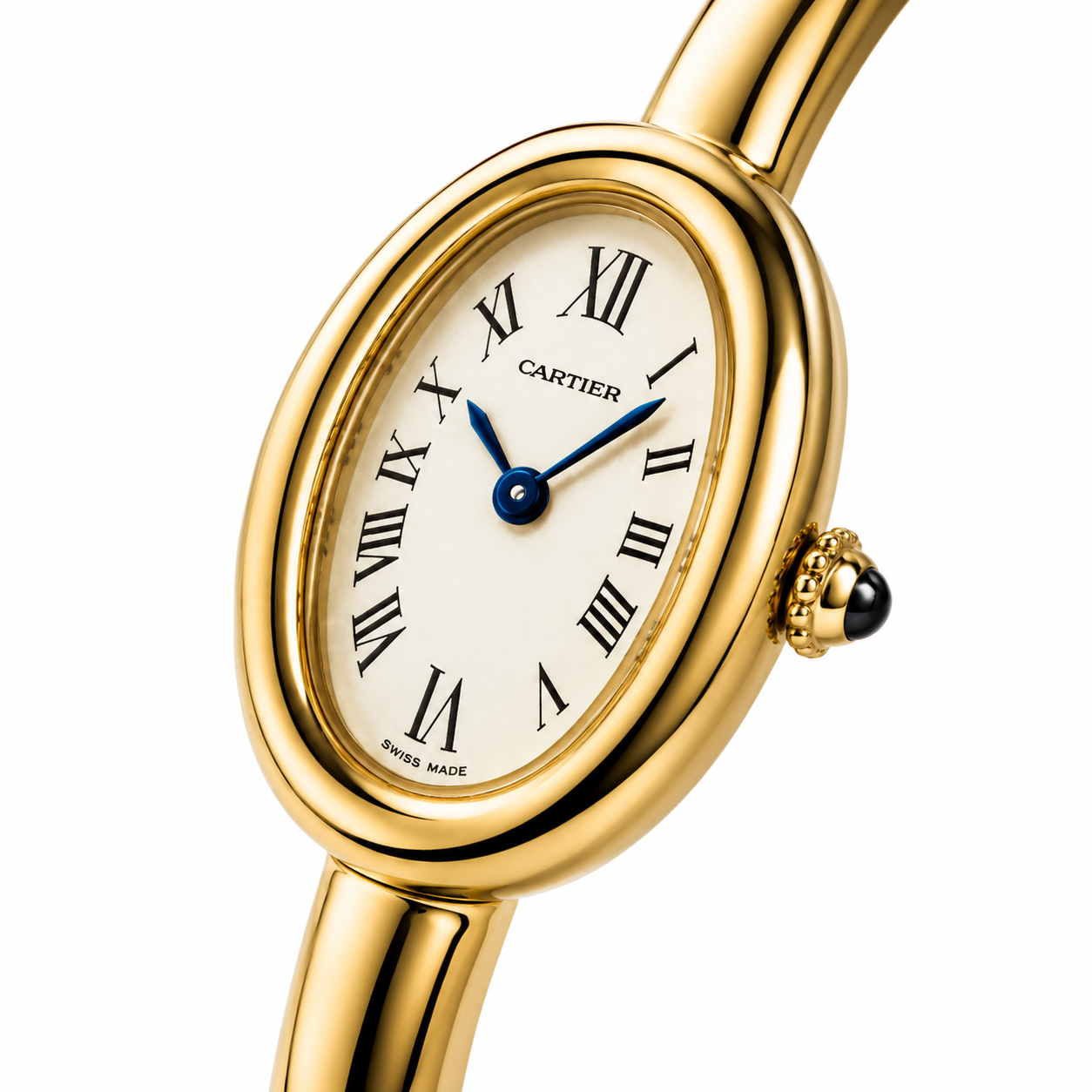 Montre Cartier dorée – Gros plan luxe avec cadran romain et bouton latéral
