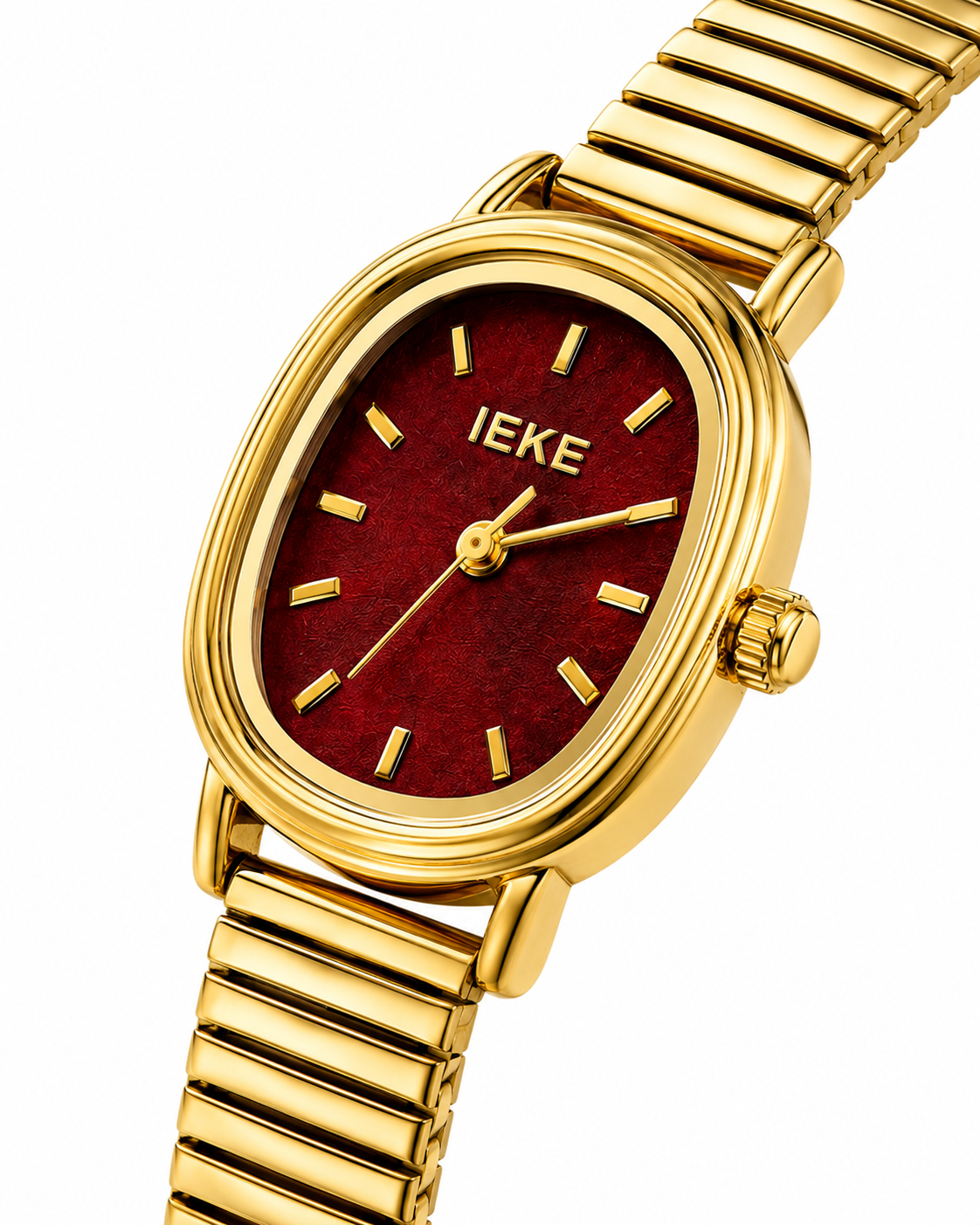 Montre IEKE dorée à cadran rouge bordeaux – Élégance, brillance et détails raffinés