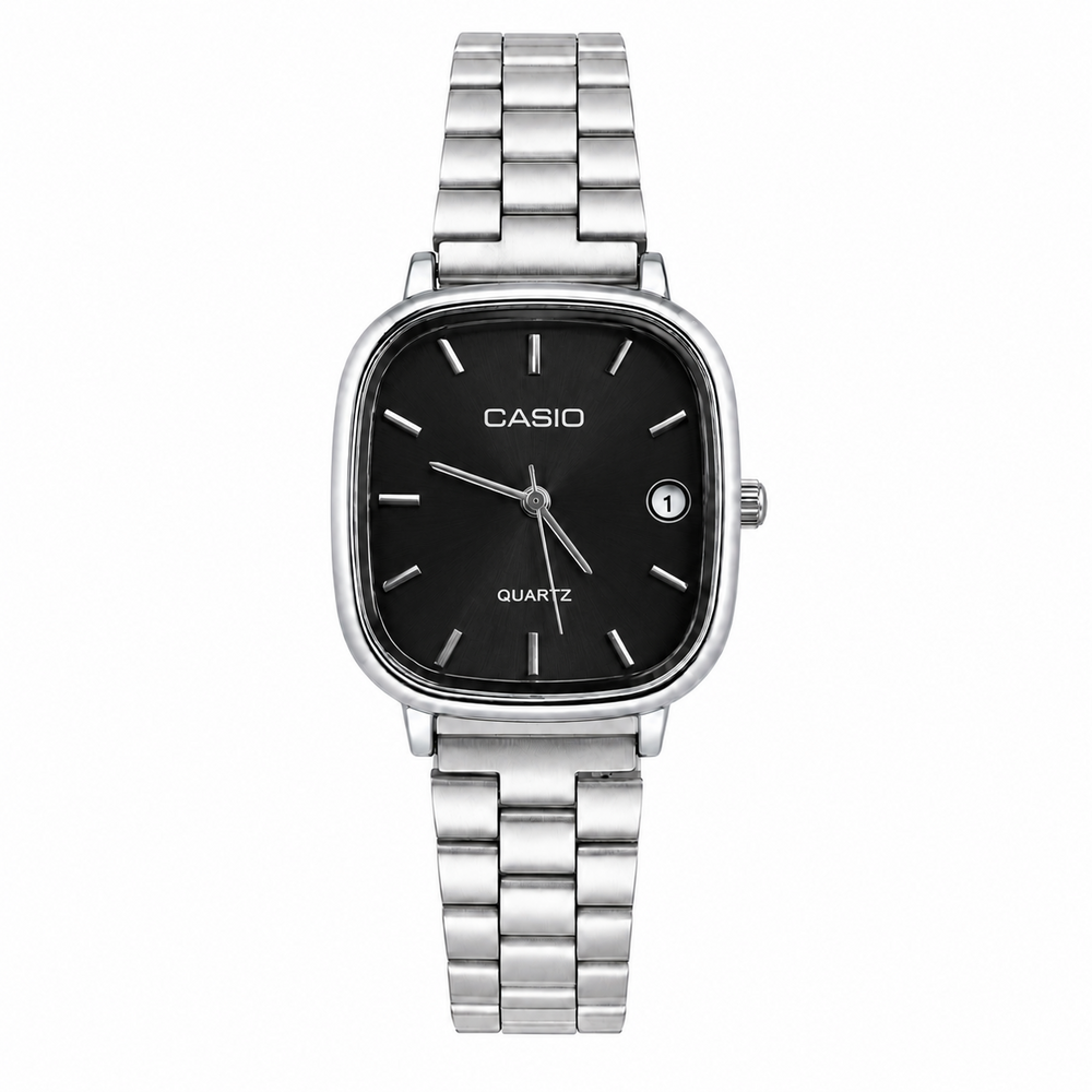 Montre Femme Casio Quartz Argentée – Cadran Noir Élégant avec Bracelet Métallique et Détails Argentés