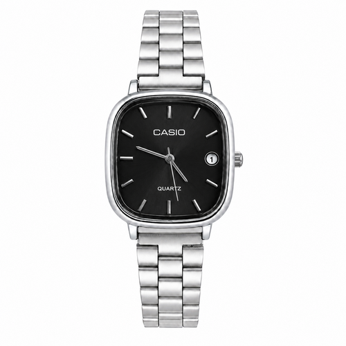 Montre Femme Casio Quartz Argentée – Cadran Noir Élégant avec Bracelet Métallique et Détails Argentés