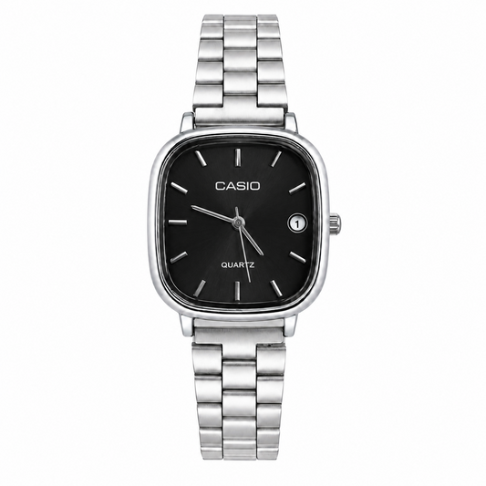 Montre Femme Casio Quartz Argentée – Cadran Noir Élégant avec Bracelet Métallique et Détails Argentés