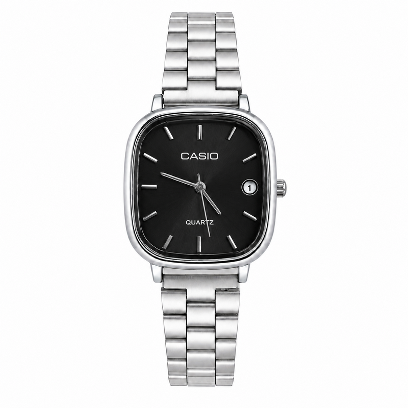 Montre Femme Casio Quartz Argentée – Cadran Noir Élégant avec Bracelet Métallique et Détails Argentés
