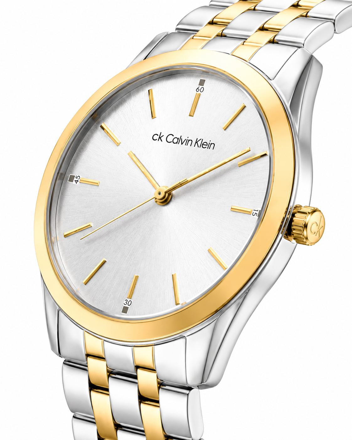 Calvin Klein Two-Tone Stainless Steel Watch – Silver Dial & Gold Bezel